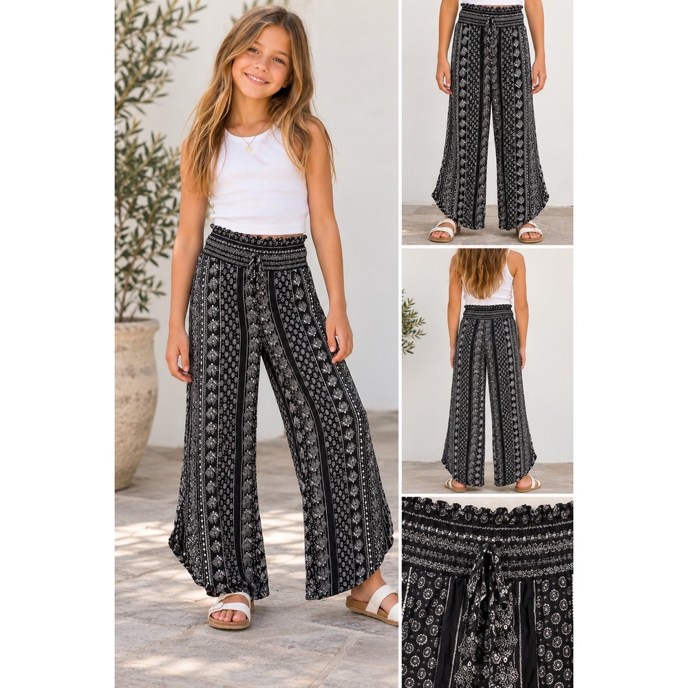 Bebop Girls Wide Leg Palazzo Pants Rayon Black White Floral Boho Smocked Size S